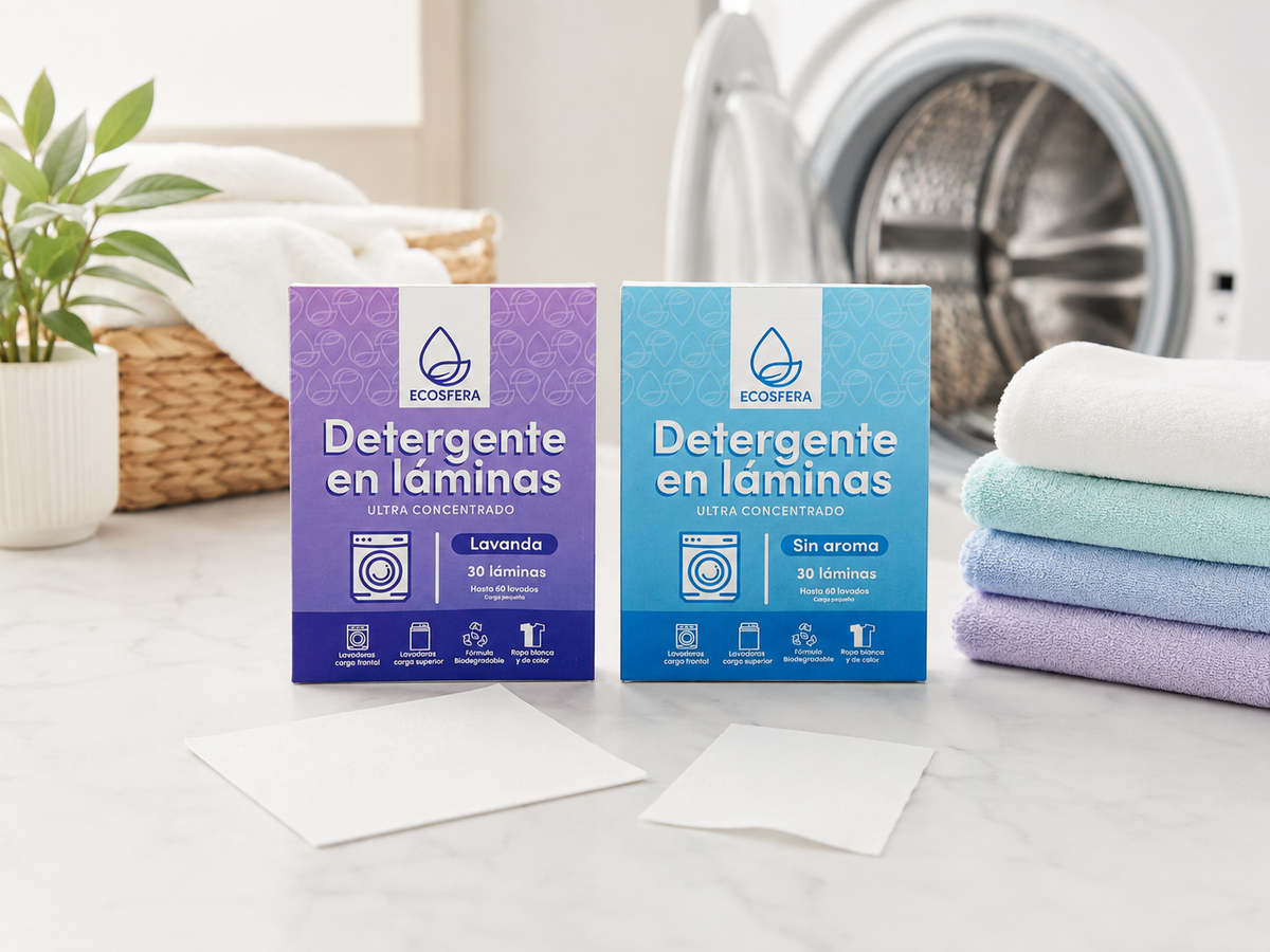 Caja de detergente Ecosfera junto a láminas y toallas limpias